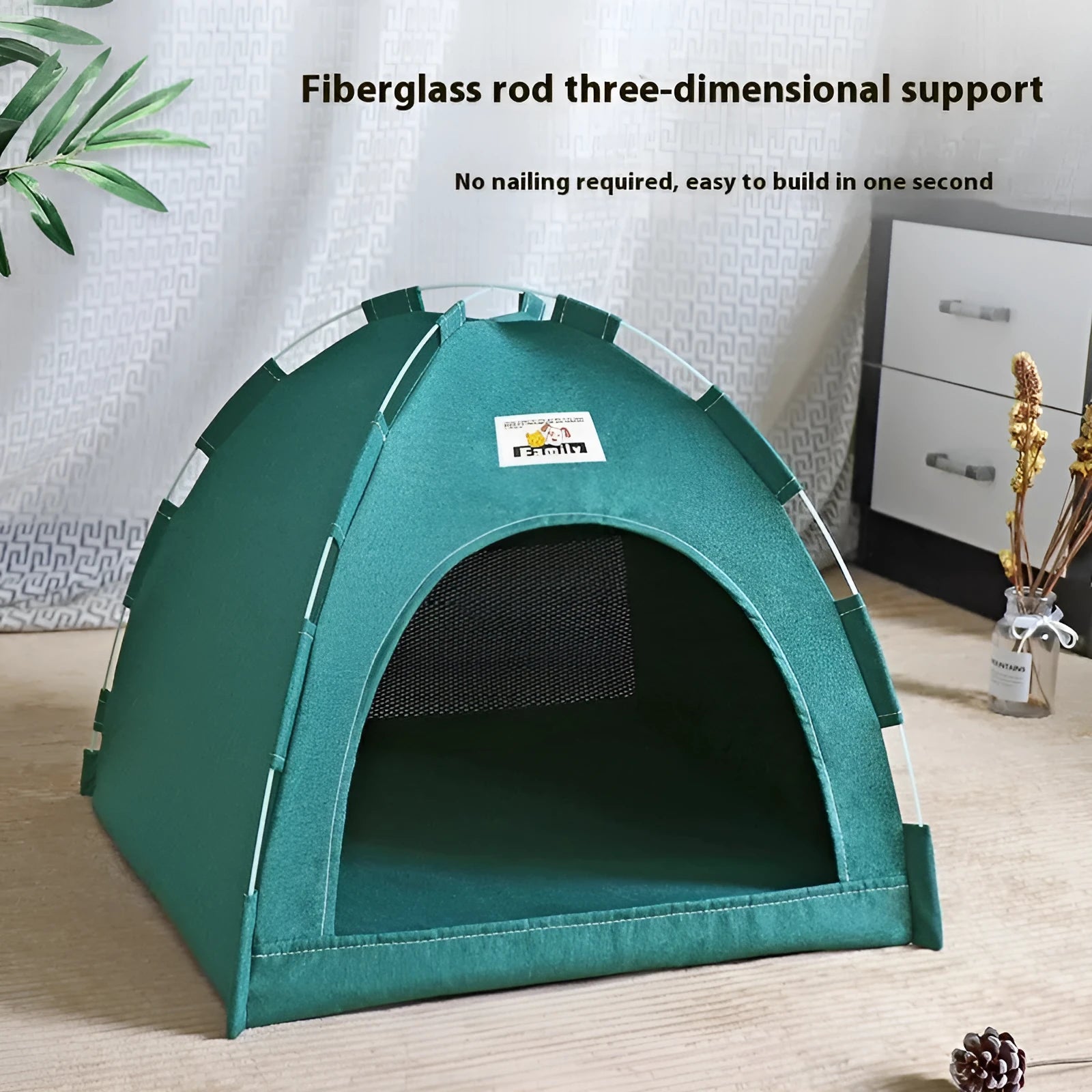Grey linen-like fabric cat nest tent bed for small dogs, showing removable washable cover.
