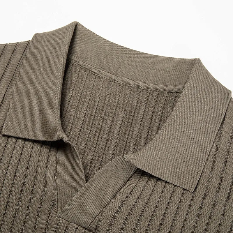 Men's striped mulberry silk T-shirt with lapel design in multiple colour options