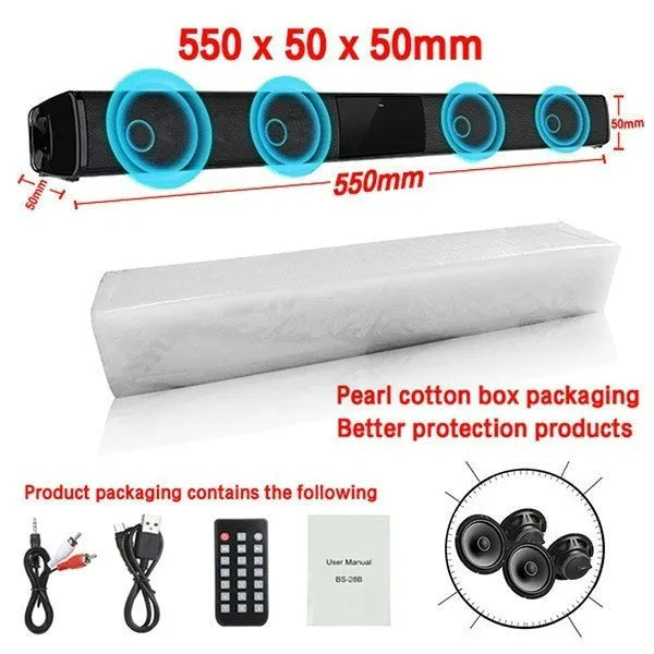 Black Bluetooth home theatre speaker with 550mm BS28B or 330mm BS28A unit, remote, data cable and plug