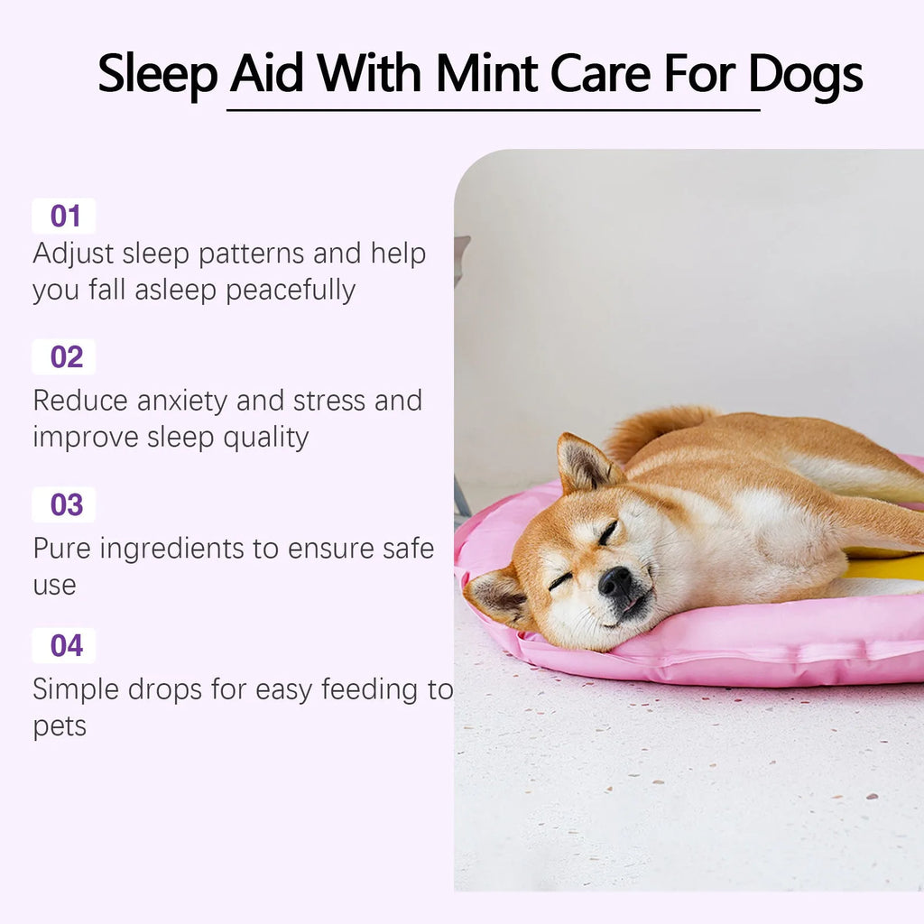 60ml bottle of dog sleep drops with mint extract formula for canine night-time support