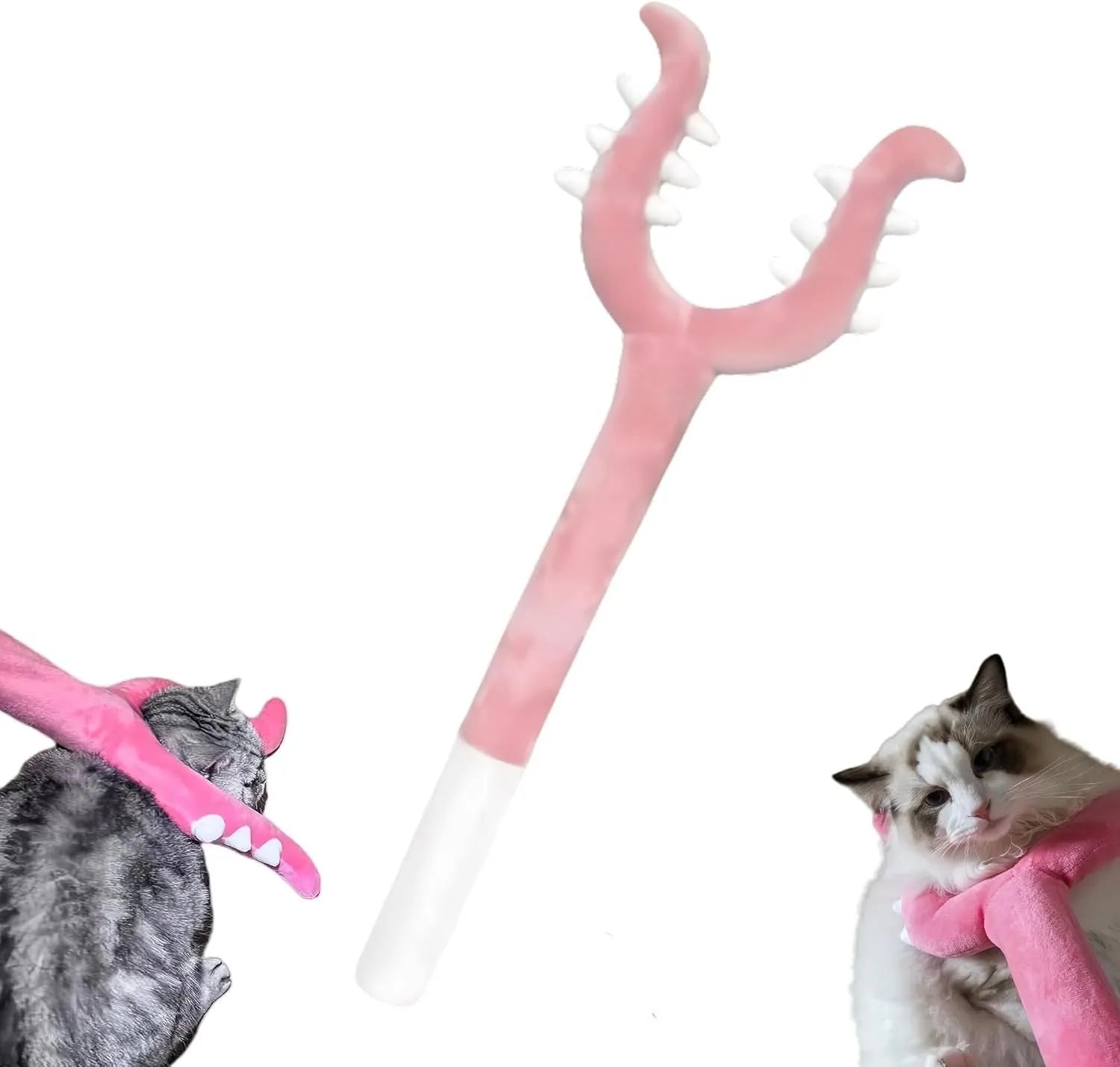 Blue plush cat wand toy extended to 70cm length with foam-filled front section