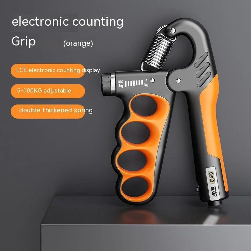 Electronic spring grip with digital counter display in orange, red, or grey colours