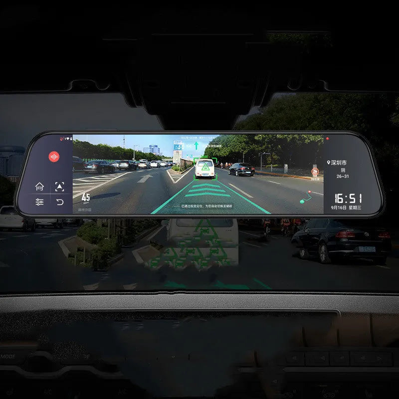 12-inch rearview mirror dash cam with touch screen display showing dual lens recording interface