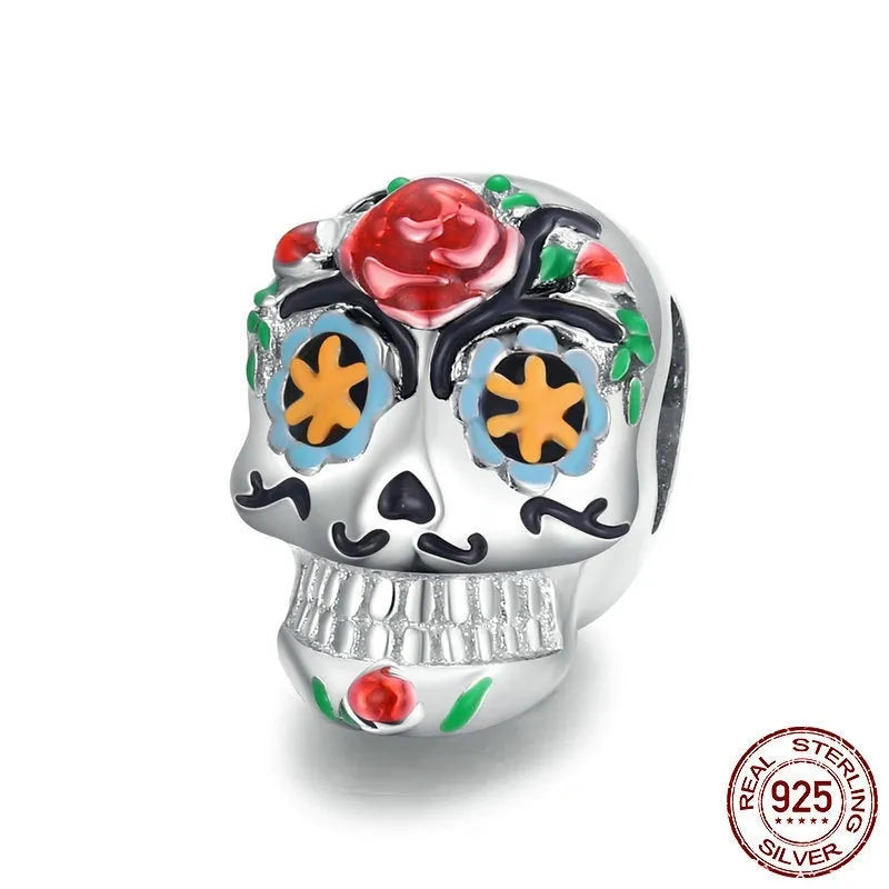 S925 silver Halloween skull bead with platinum plating and oil drip finish, 1.3x0.8cm, silver only