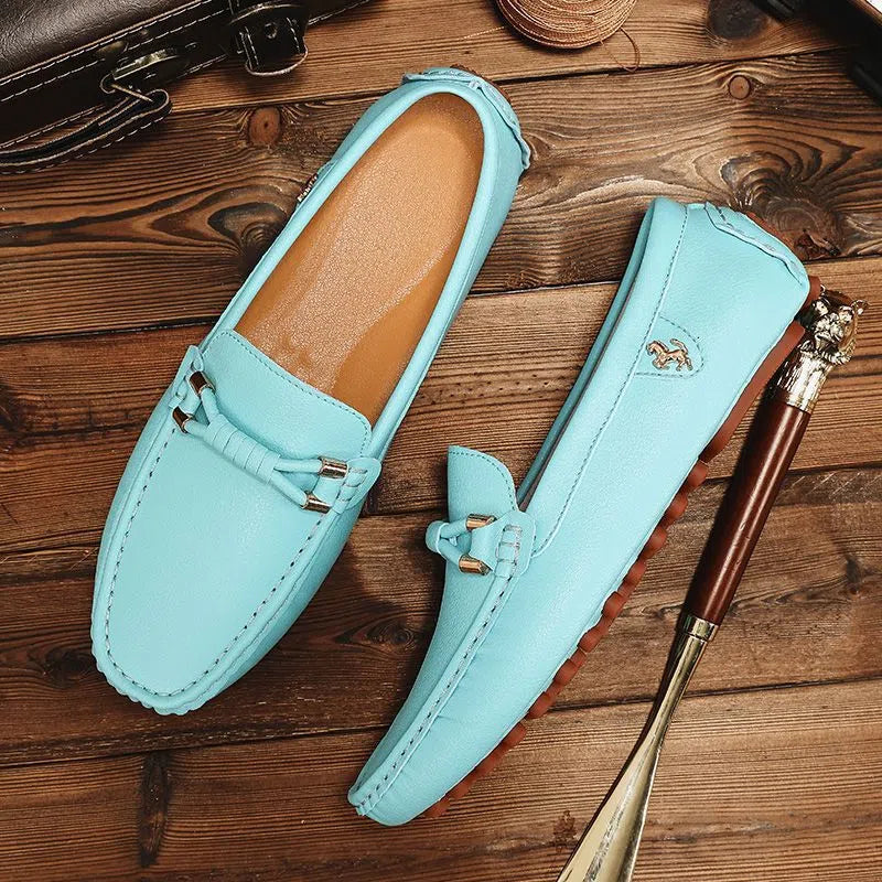 Plus-size men's loafer-style moccasins in black with open toe, second-layer cowhide upper, and low heel