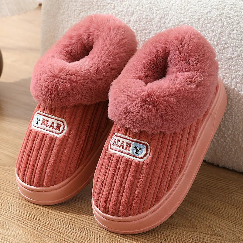 Winter warm house slippers with covered heel, cotton upper, artificial fur lining, and thick non-slip PVC sole in Coffee, Grey, Pink, and Wine Red.