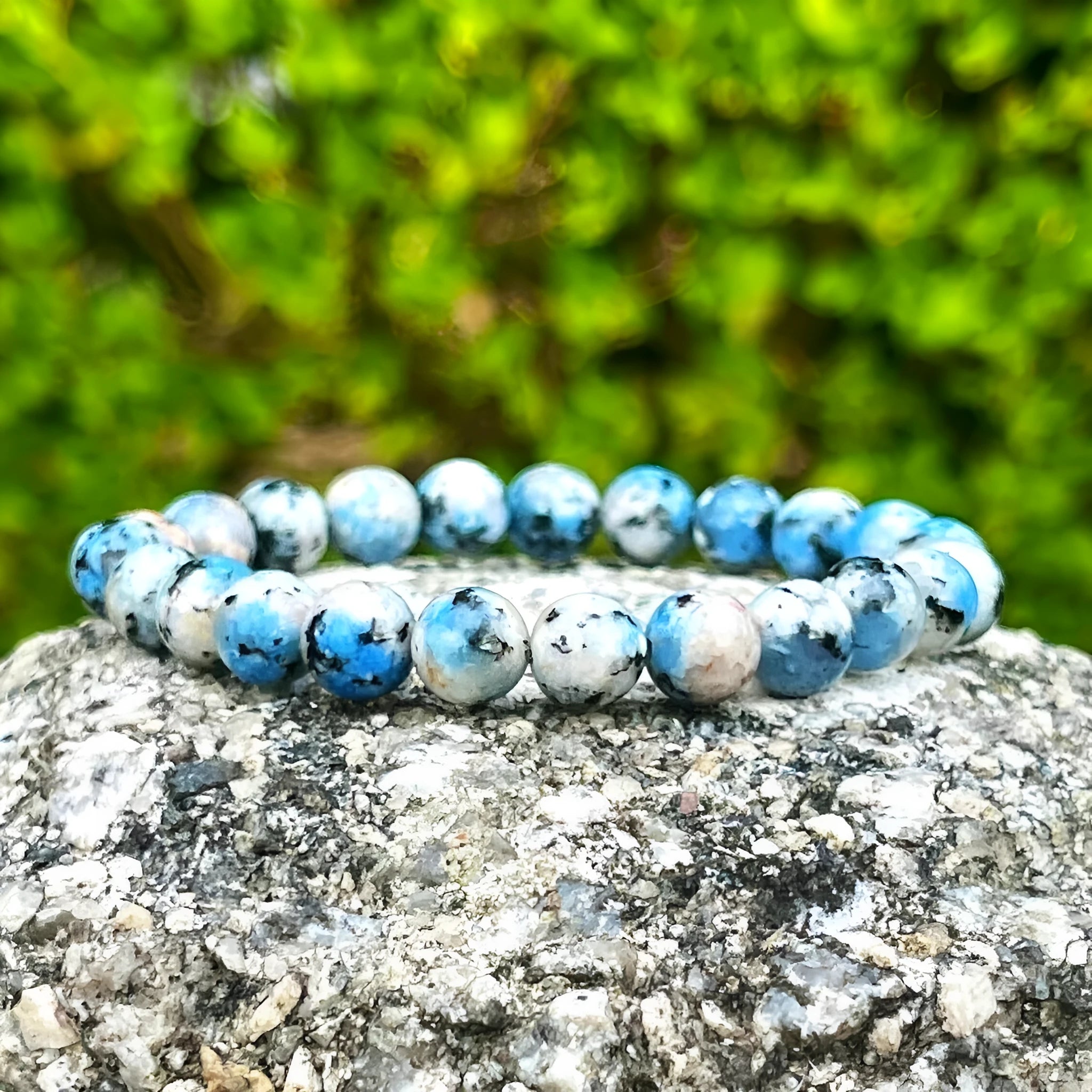 Handmade K2 azurite stone beaded bracelet with geometric design and adjustable length