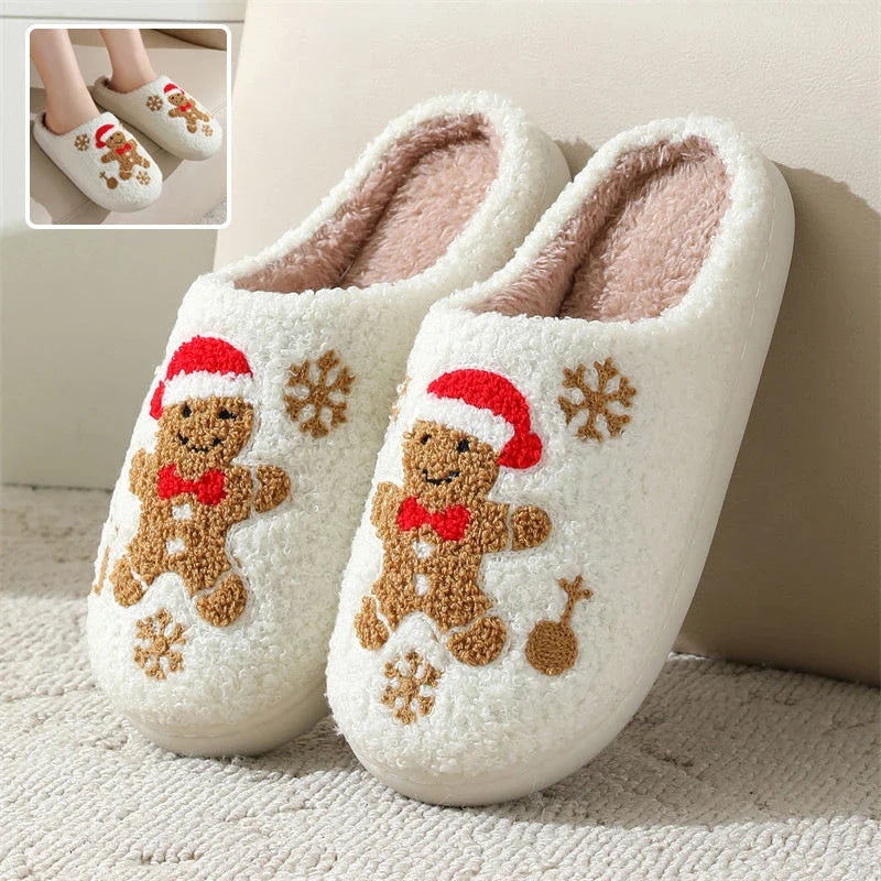 Cozy and stylish gingerbread and snowflake slippers with a plush, fuzzy exterior and non-slip sole for indoor wear