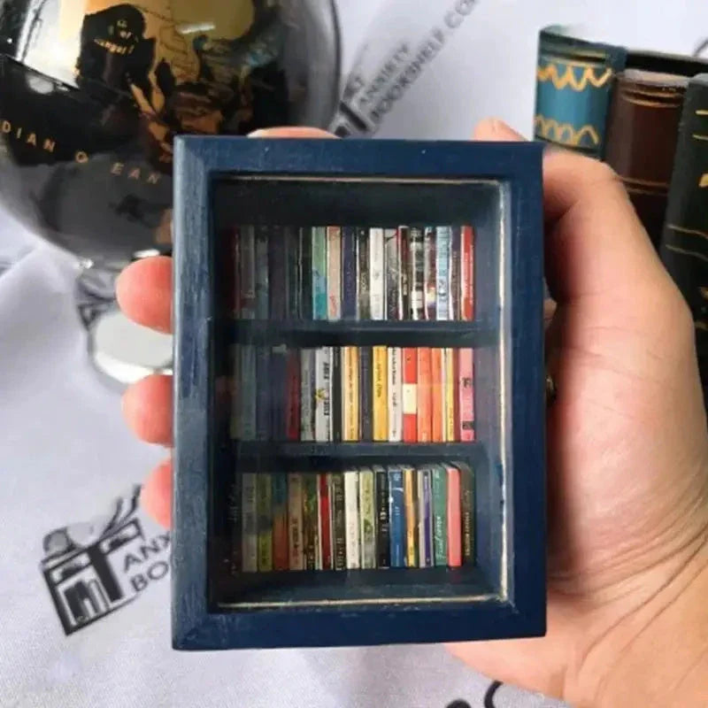 Calming Mini Wooden Bookshelf with 60 Miniature Books for Desk Decor and Anxiety Relief