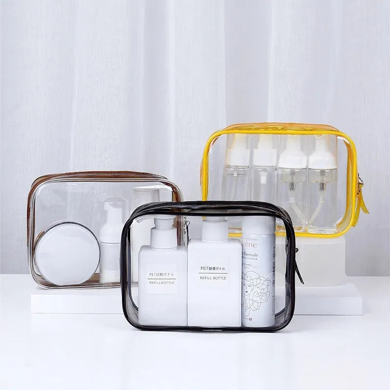 PVC transparent makeup bag set in three colours with semi-transparent design showing contents