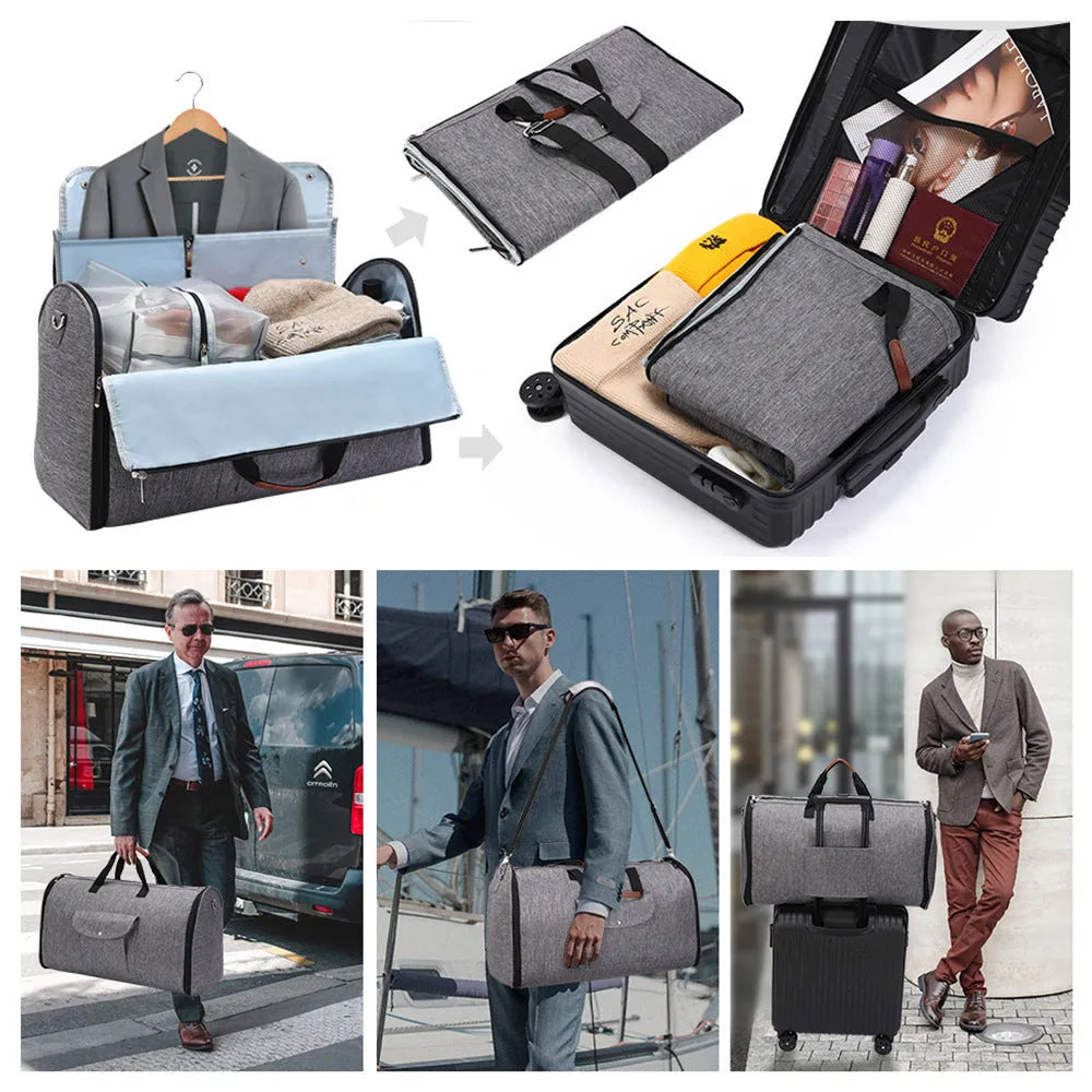 Dark blue folding duffel bag made from Oxford cloth with carry handles, showing its size and style.