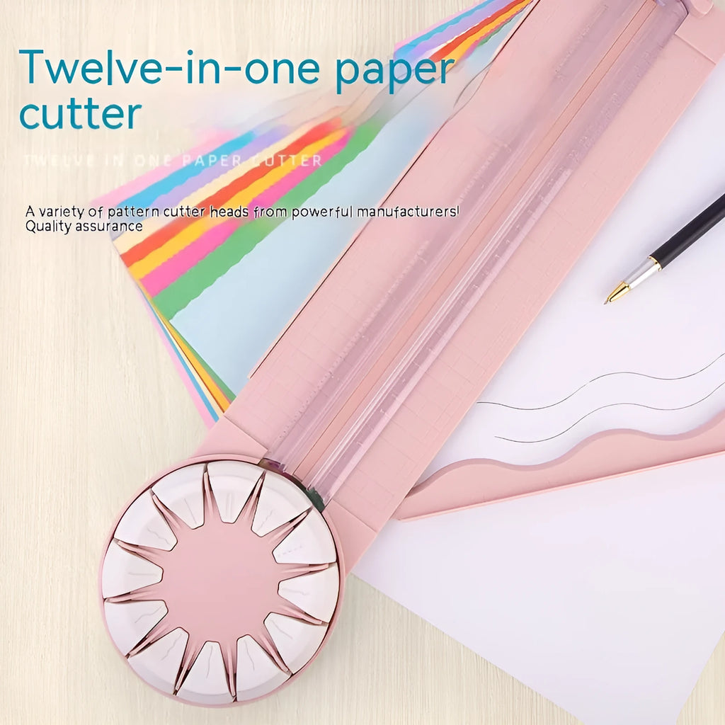 Pink and black 12-in-1 dotted plastic paper cutting machine on a white background.