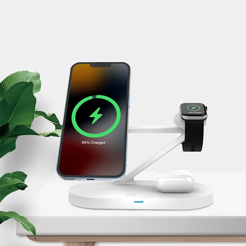 Black wireless charging station showing an iPhone, Apple Watch, and AirPods charging simultaneously on magnetic pads.