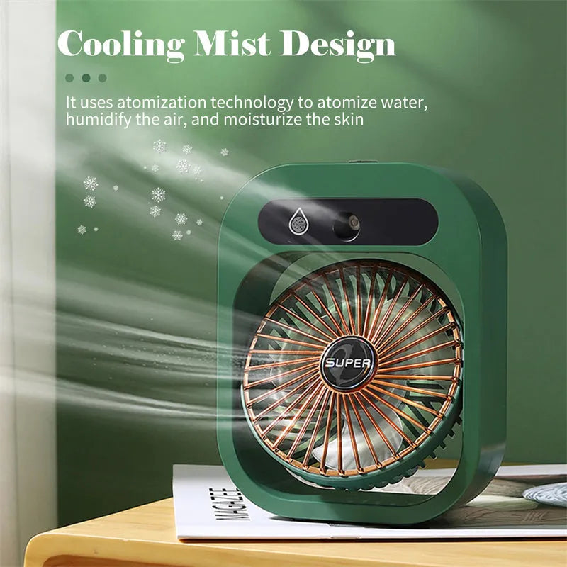 Green and white USB portable misting fan humidifier on a desk showing adjustable vent and water tank.