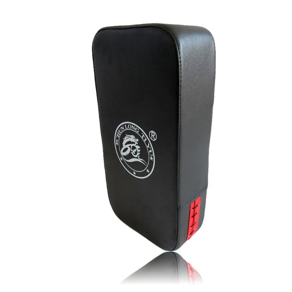 Red square taekwondo foot target pad for kicking practice, 40cm long.