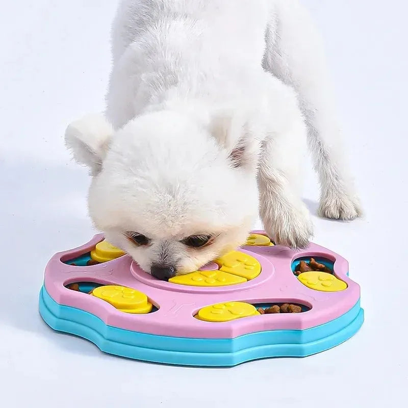 Blue dog puzzle food feeder toy with interactive compartments for slow feeding and mental stimulation