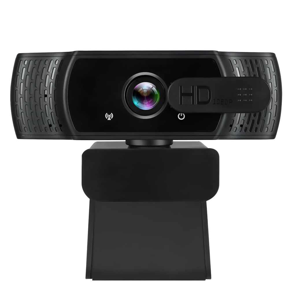 Black USB computer webcam with built-in microphone mounted on a laptop screen.