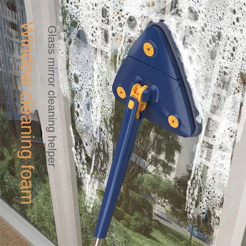 Blue triangle cleaning mop with rotating head and extendable stainless steel pole on tile floor