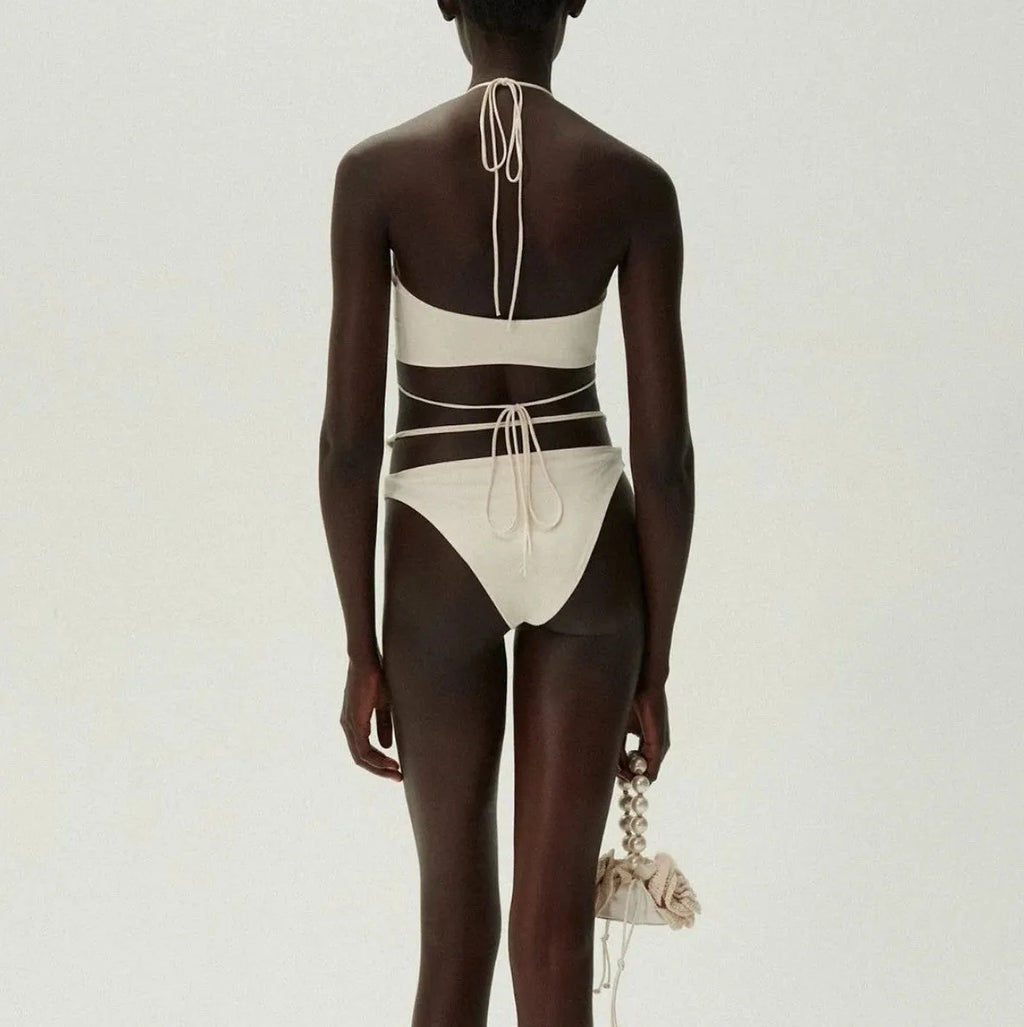 Black women's lace-up front bikini swimsuit with quick-drying nylon fabric