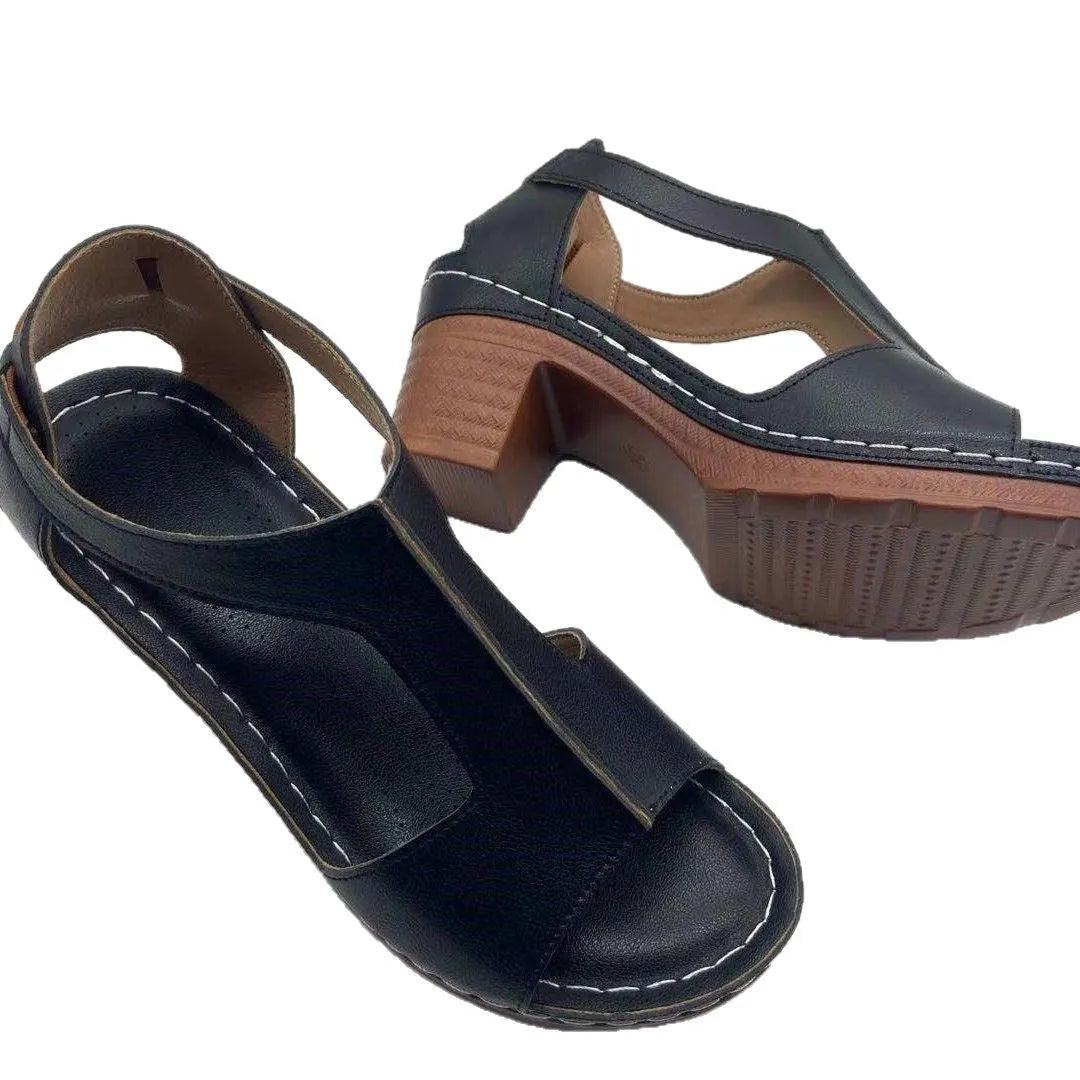 Women's beige peep toe wedge sandals with a buckle strap and low heel
