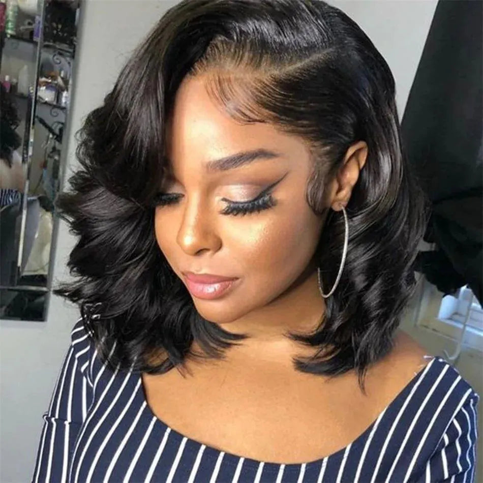 Women's black solid colour transparent lace forehead wig with short curly hair