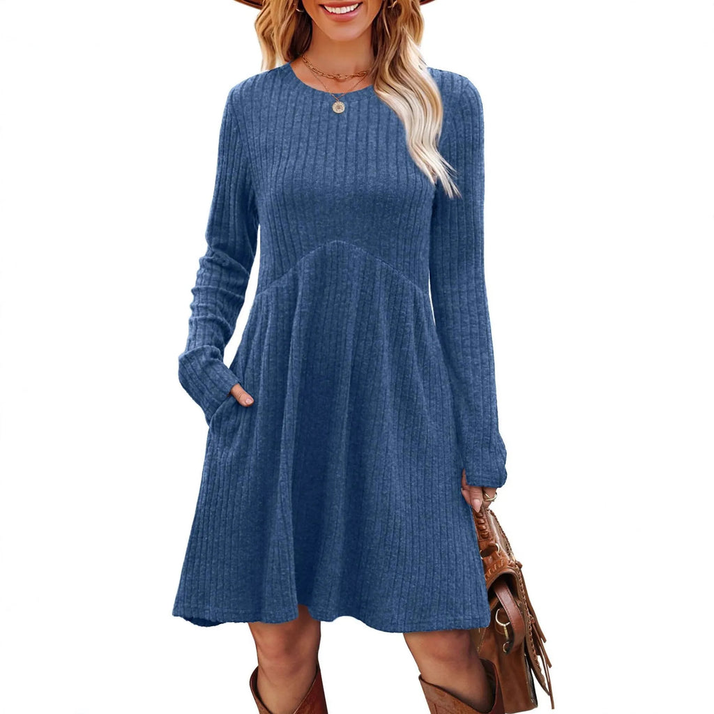 Women's bohemian brushed sunken stripe princess dress with wide waist and mid skirt in solid colour