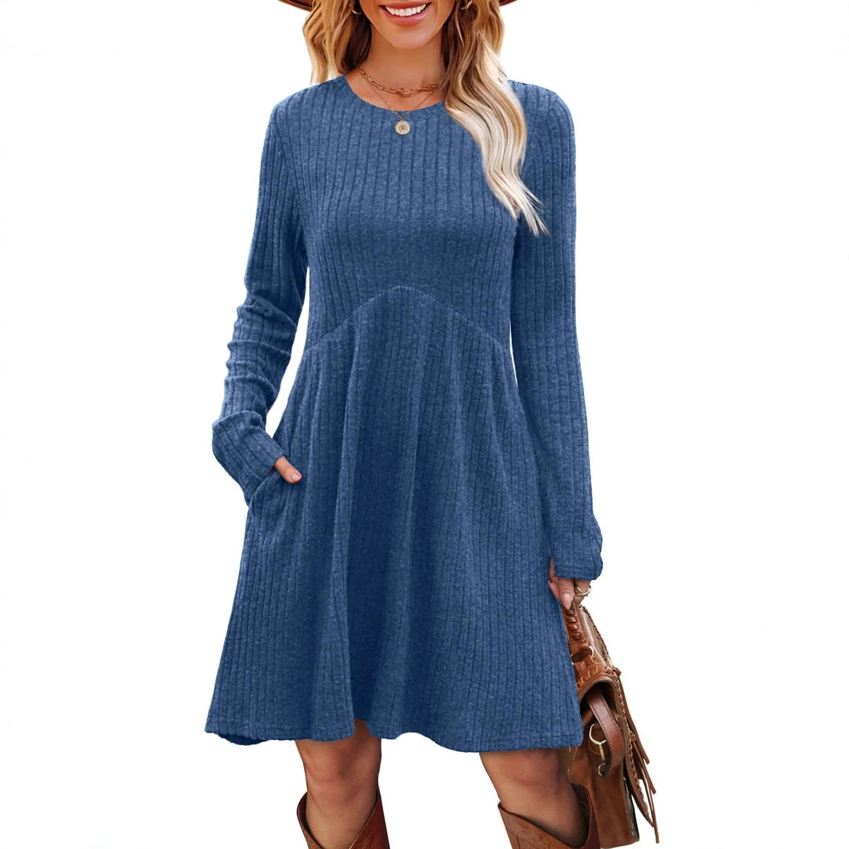 Women's bohemian brushed sunken stripe princess dress with wide waist and mid skirt in solid colour