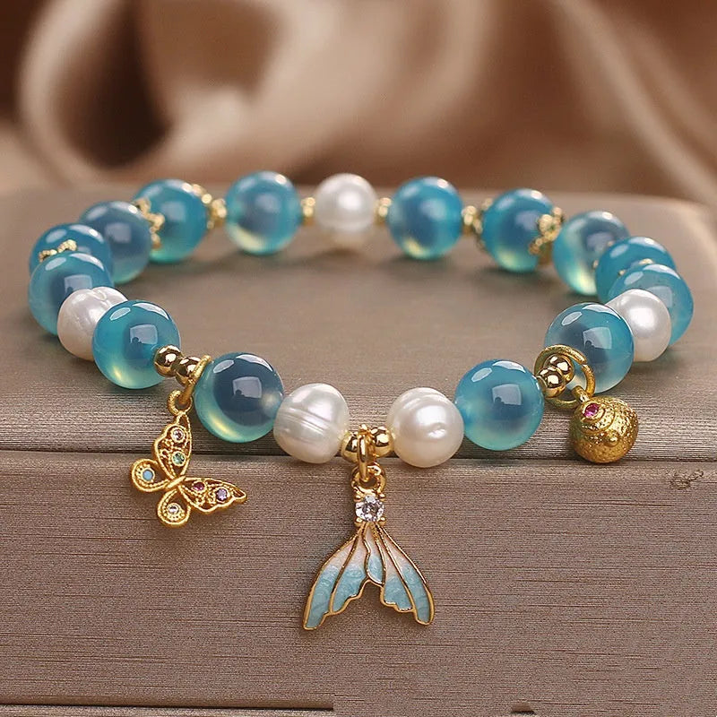 Blue sugar agate bracelet for women with butterfly detail in Chinese style