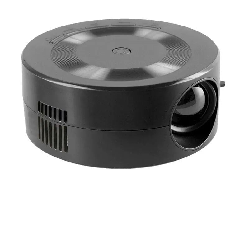 Black portable 1080p wired mobile projector with USB power cable on a surface