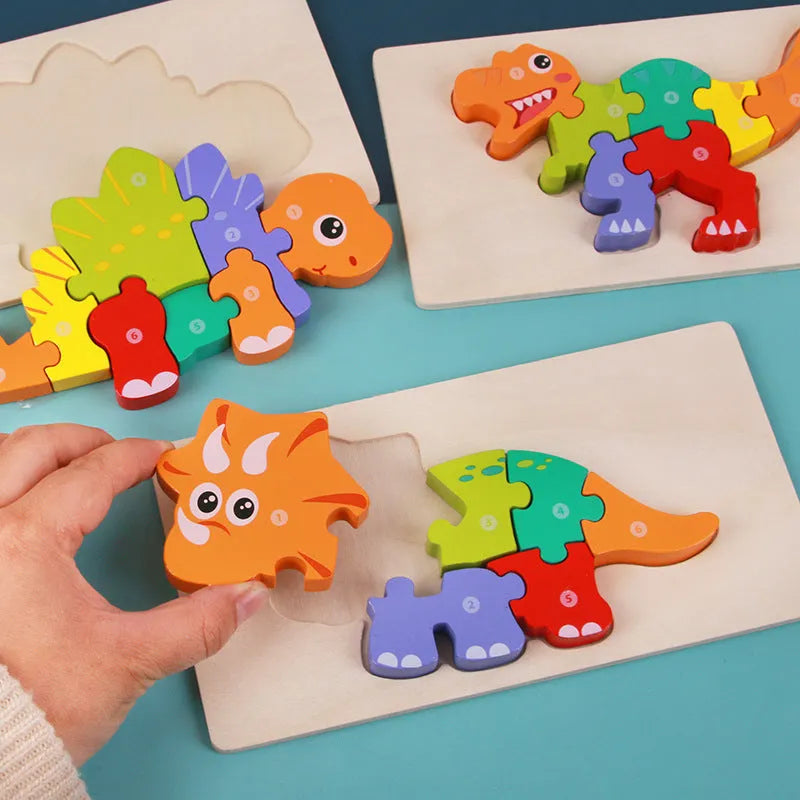 Wooden dinosaur 3D puzzle building blocks for children with six prehistoric designs