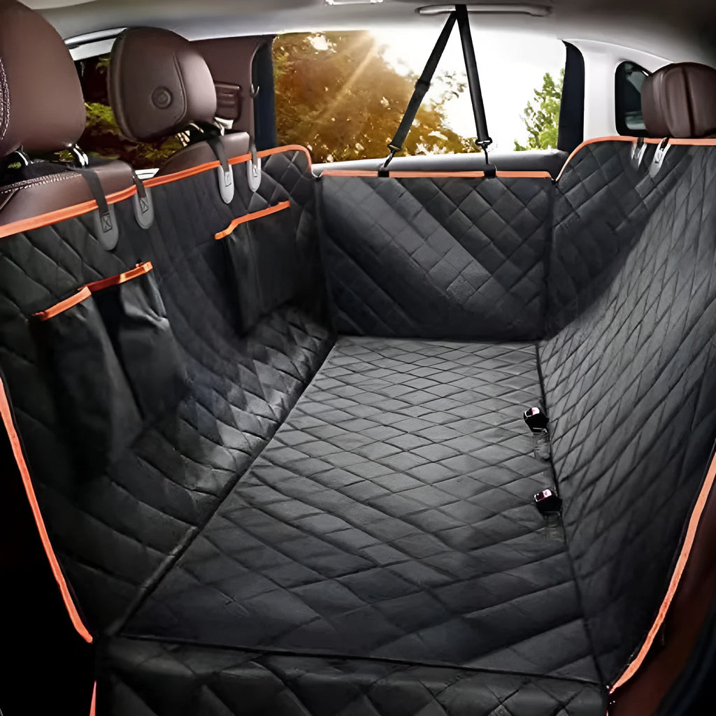 Oxford cloth car pet mat in orange edge double pocket design placed on rear seat