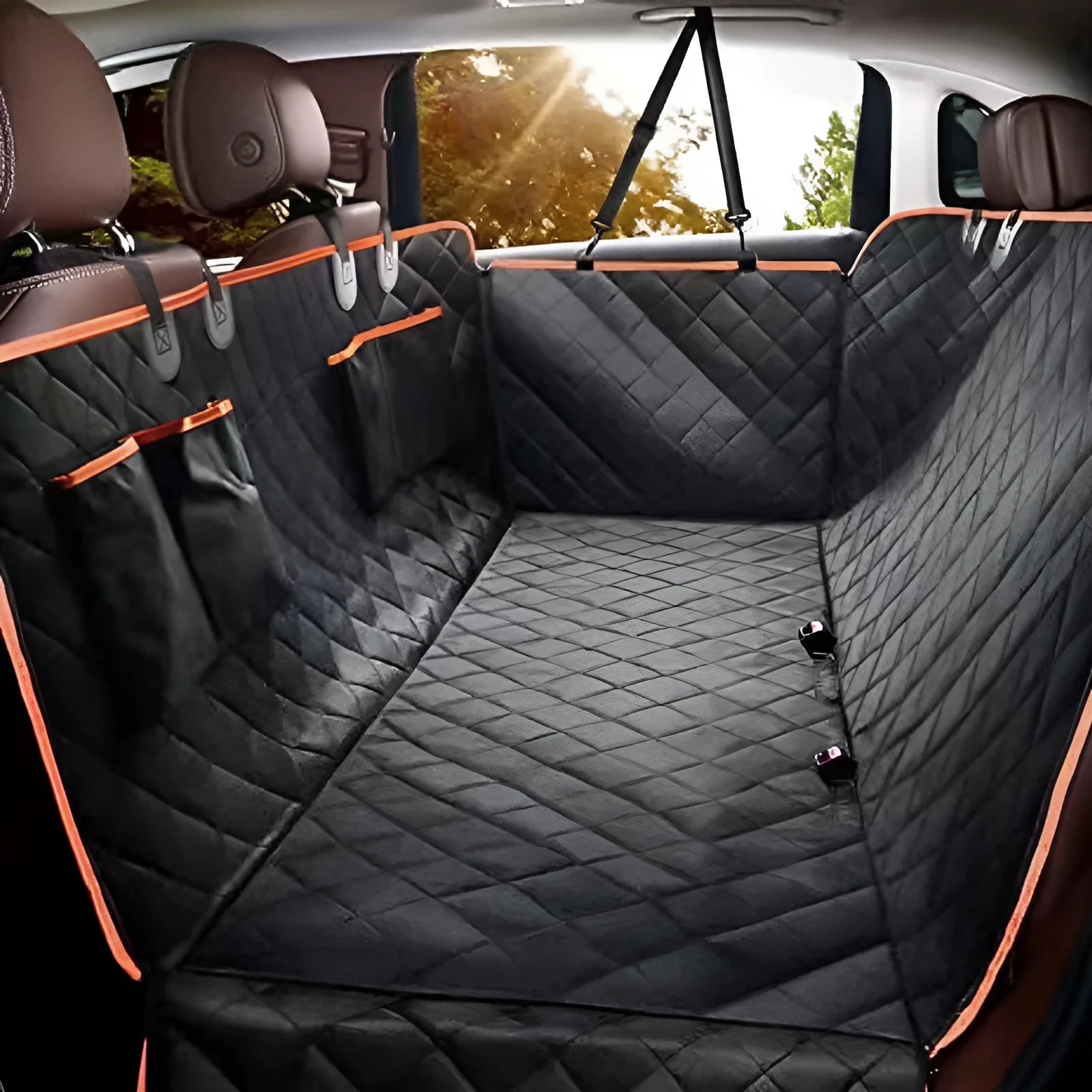 Oxford cloth car pet mat in orange edge double pocket design placed on rear seat