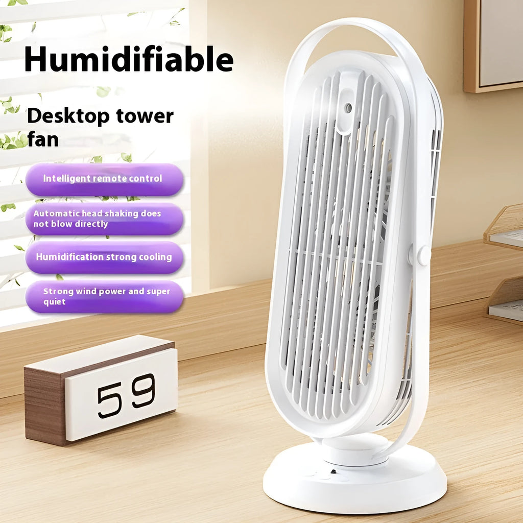 USB tower fan in dark blue with remote control on a desktop