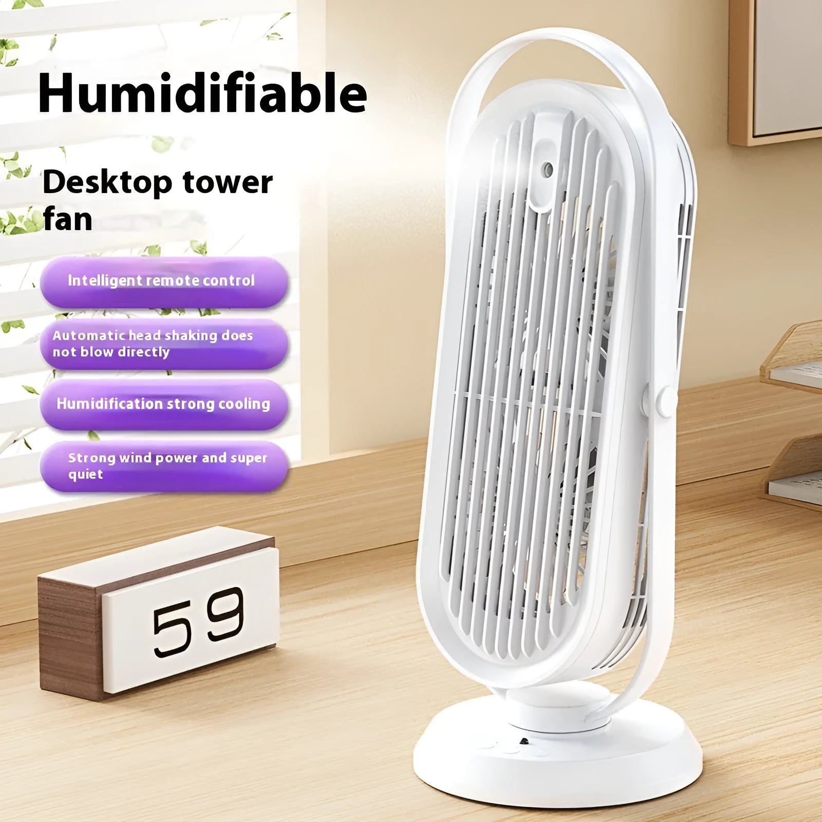 USB tower fan in dark blue with remote control on a desktop