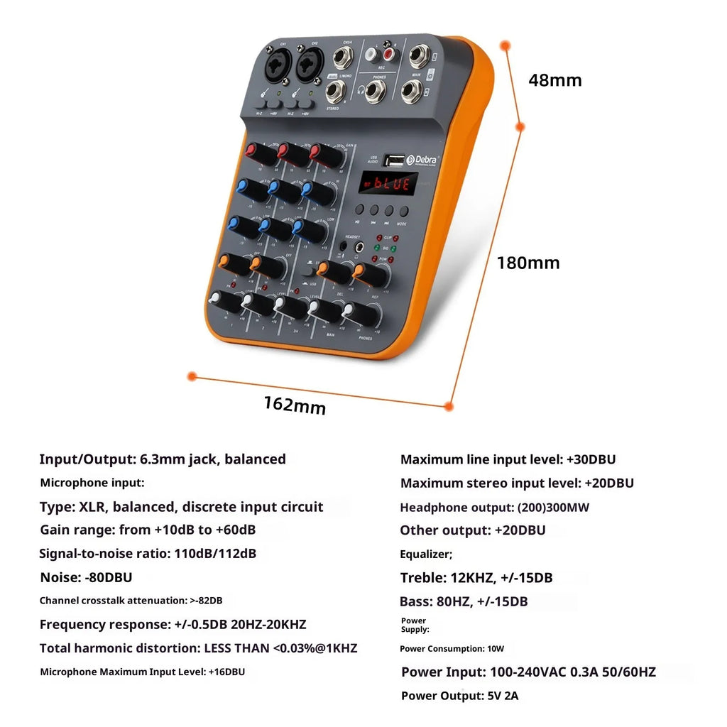 D4M USB reverb audio mixer, plastic housing, 26x22.5x8cm, with power cord and manual