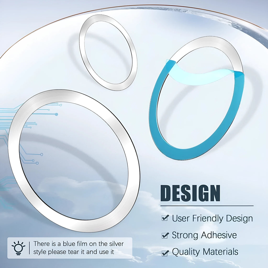 Universal alloy magnetic ring for wireless charger in silver, black, laser carving C ring, and laser carving O ring