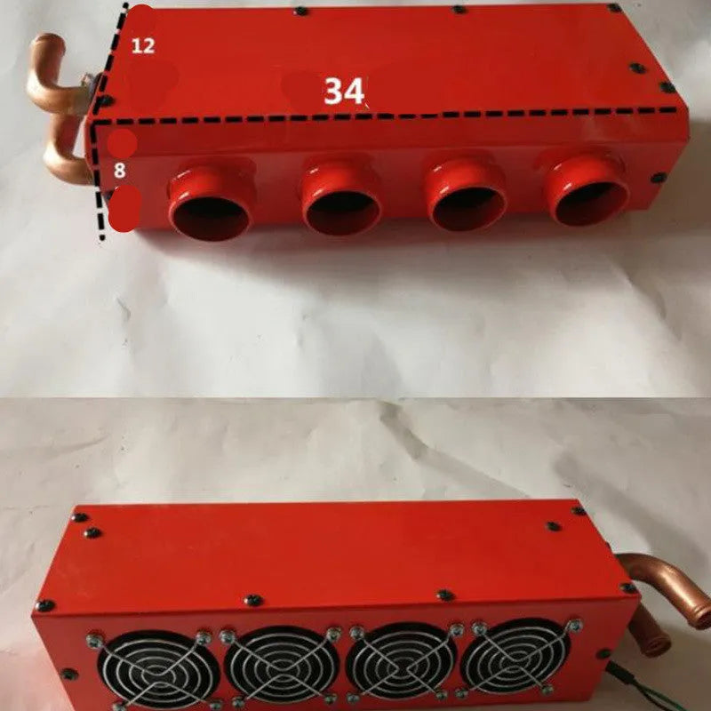 Compact metal car heater with four copper pipe connections for small vehicle engine waste heat system
