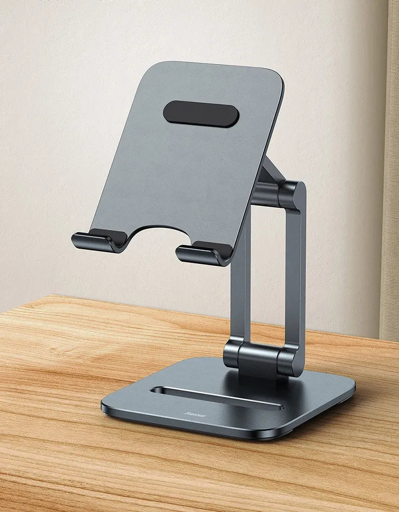 Deep space grey aluminium alloy folding stand for mobile phones and tablets on a desk