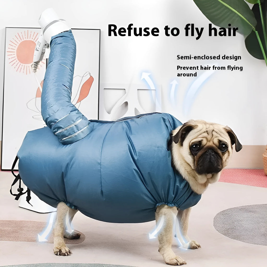 Blue automatic dog drying bag with quick drying hair dryer function, Oxford cloth and silver-plated film, sizes S to XXL.