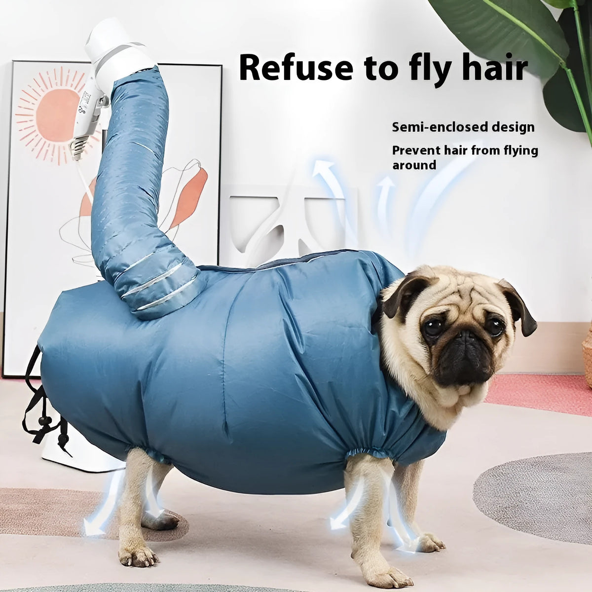 Blue automatic dog drying bag with quick drying hair dryer function, Oxford cloth and silver-plated film, sizes S to XXL.