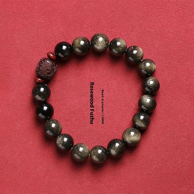 Hand-woven golden obsidian vintage bracelet with 10mm round beads