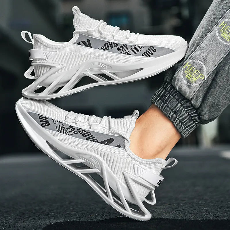 Men's casual exercise shoes with fly woven mesh upper in black, red, white or blue colours