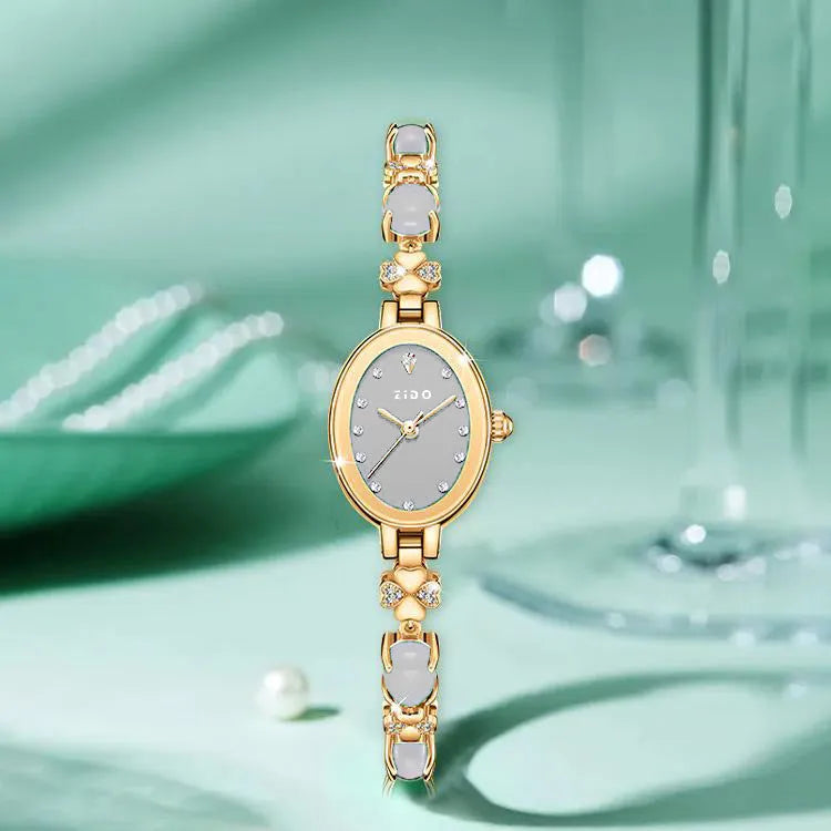 Women's quartz wrist watch with diamond accents, slim 8mm case, available in multiple colours