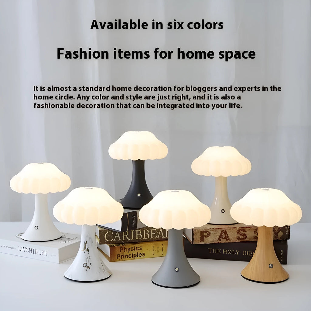 Mushroom-shaped touch lamp with USB charging port in cream colour