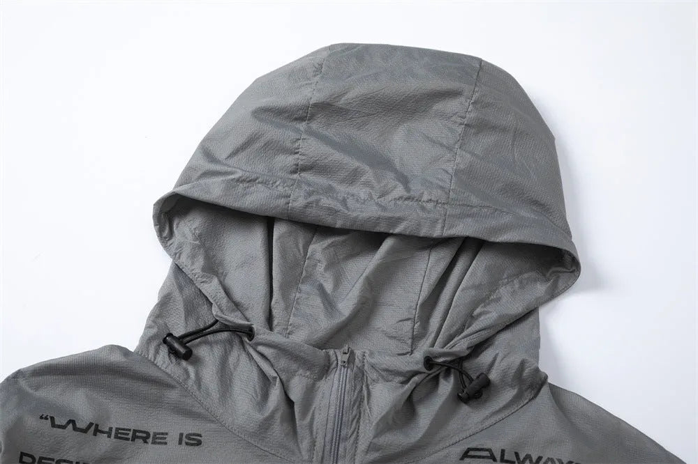 Men's nylon sun protection jacket with letter print, gray, front view, for leisure wear