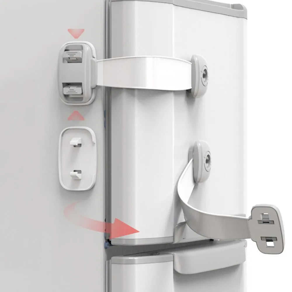 Adjustable child safety cabinet lock strap with 3M adhesive backing in grey colour