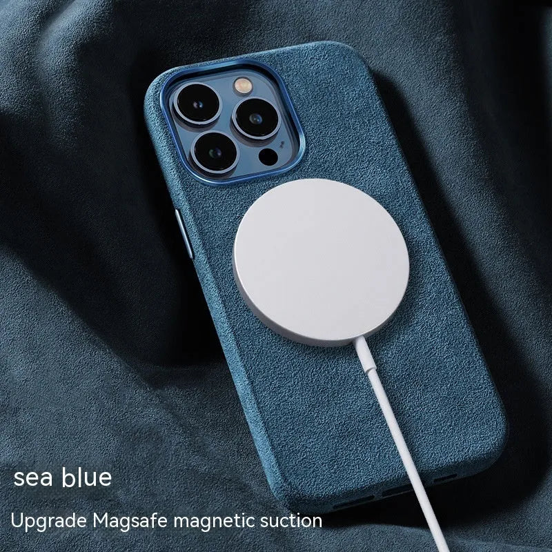 Suede magnetic wireless charging phone case in dark green, sea blue, dark purple, and black gray for iPhone models