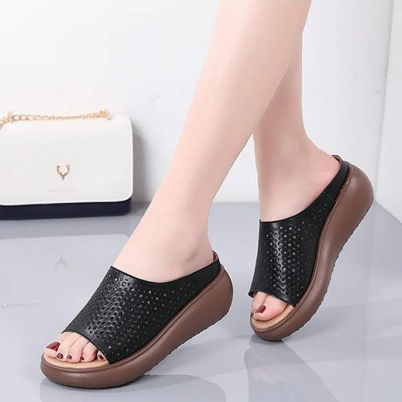 Peep toe platform heel women's slippers with ethnic pattern, PU upper, rubber sole, beige colour