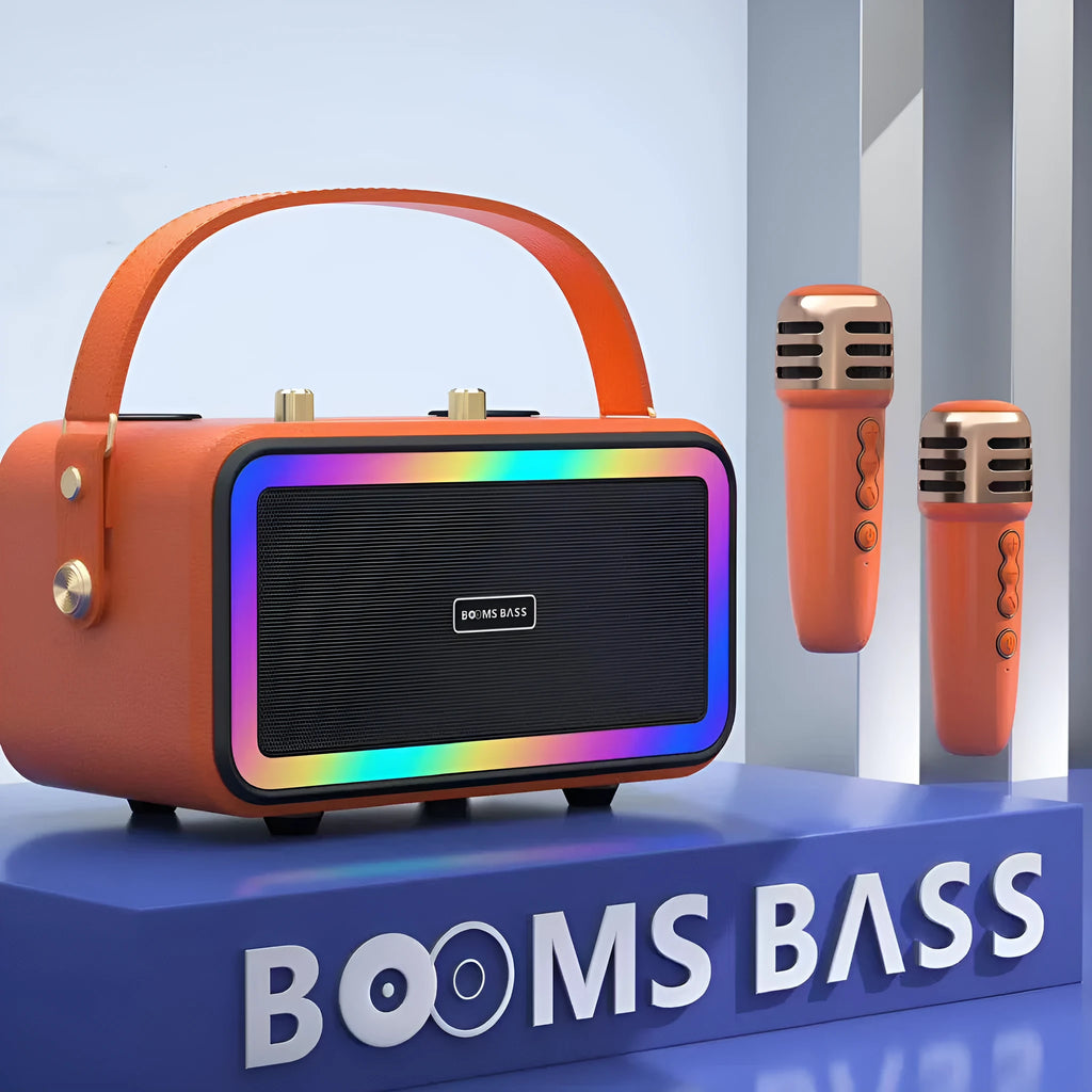 M3201 portable Bluetooth speaker in choice of black, dark brown, or orange red with two microphones.