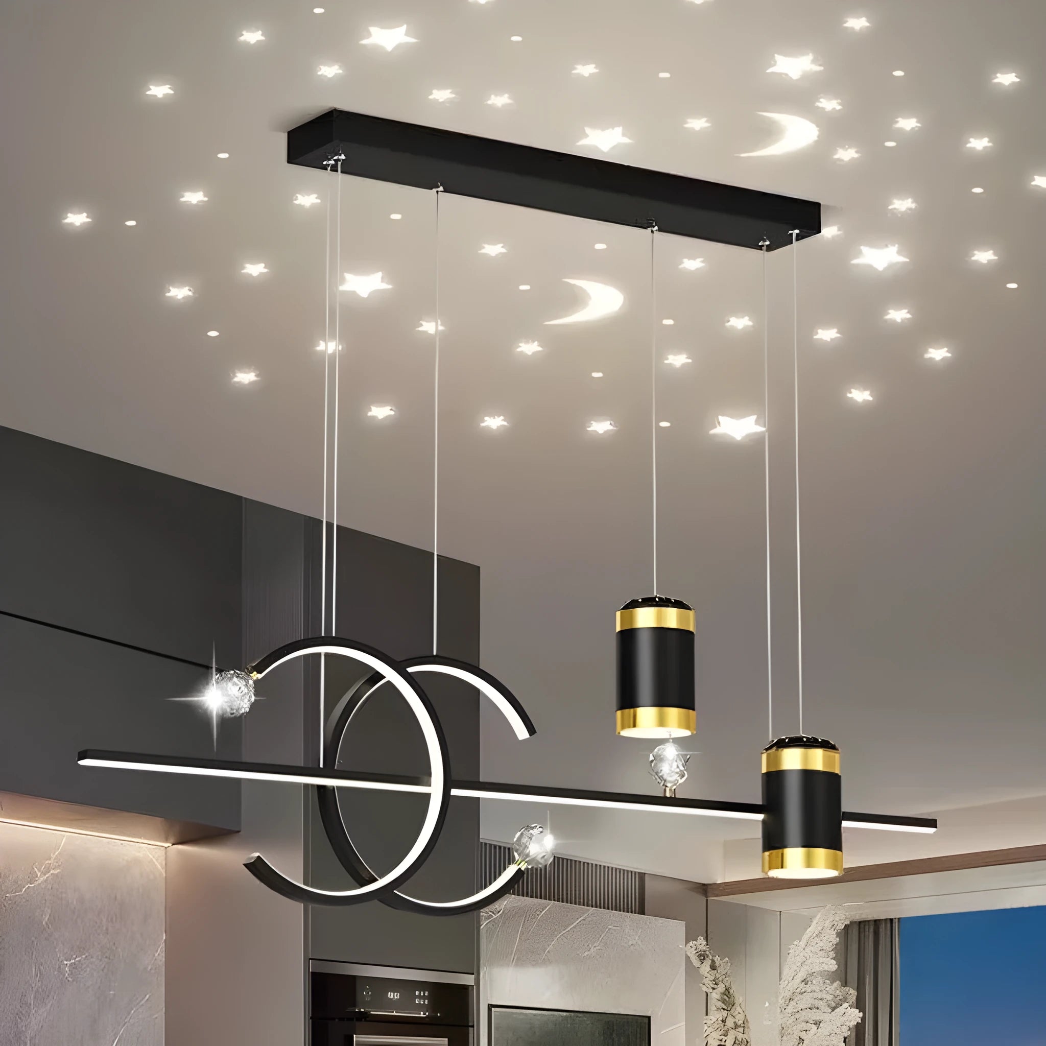 Modern minimalist iron pendant restaurant light in black finish with tri-color illumination